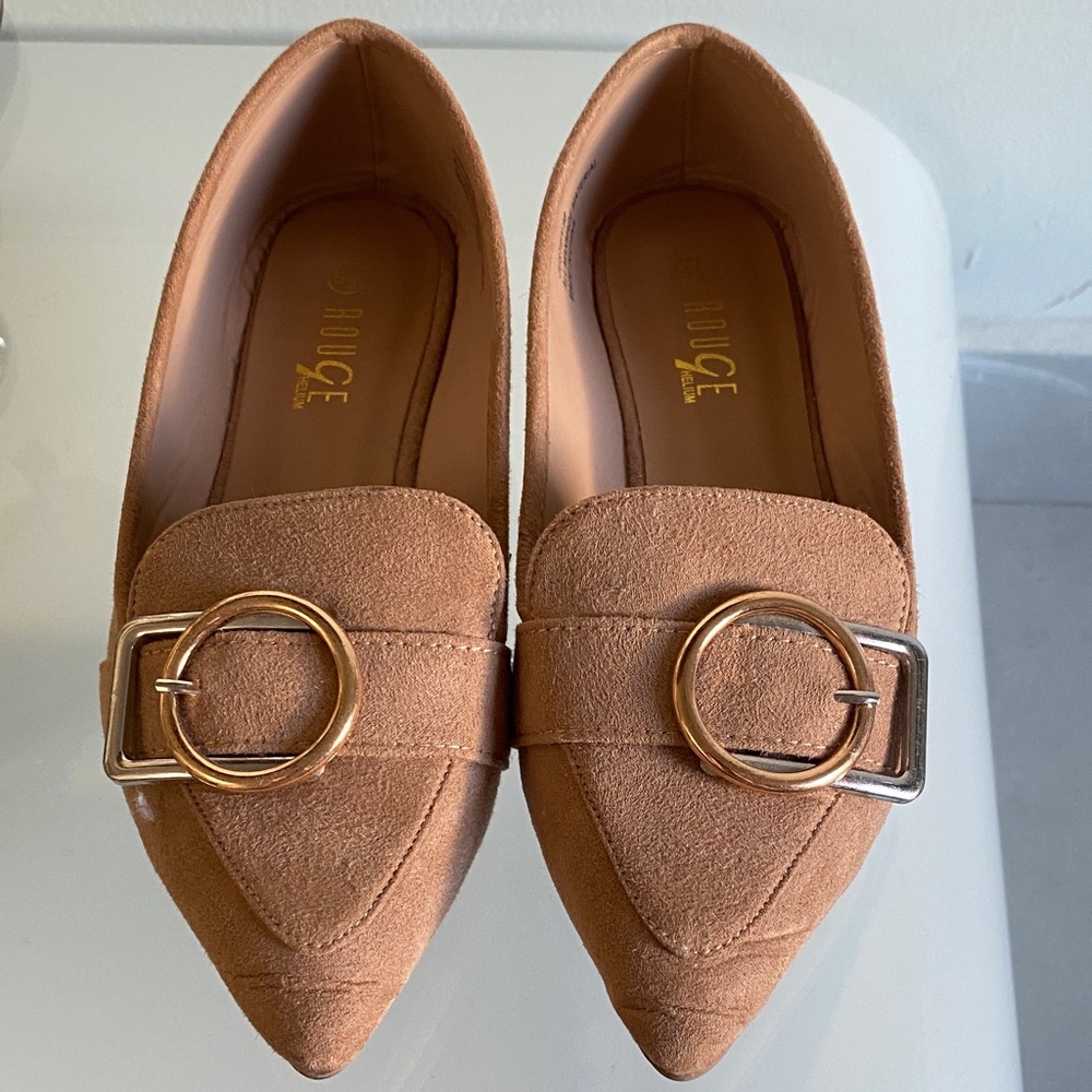 Dune London Brown Suede Loafers with Gold Buckle